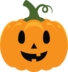 A happy and smiling Jack-o'-lantern illustration with a simple carved face and a green, curly stem.