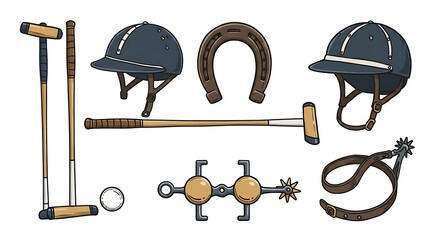 Equestrian sports equipment collection helmets horseshoe mallets isolated vector