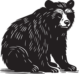 Black bear rendered in a bold woodcut style with detailed fur texture sitting calmly and looking forward