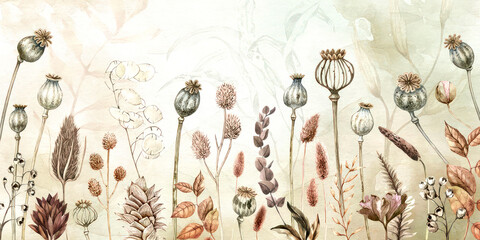 Watercolor painting of dried flowers and seed heads on a light background