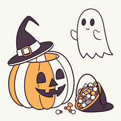 Cute halloween illustration featuring a jack o lantern with a witch hat and a friendly ghost