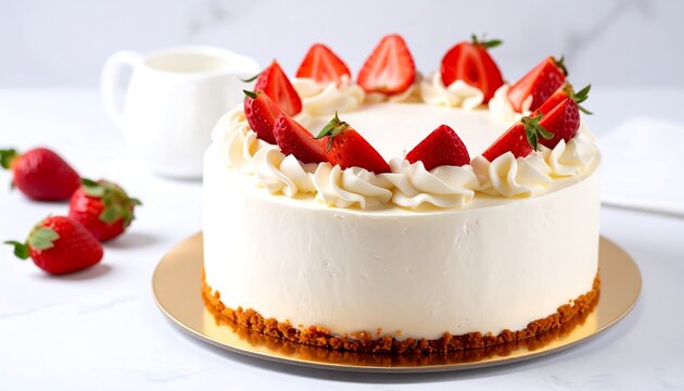 Creamy white cake adorned with fresh strawberries and whipped cream, resting on a gold base
