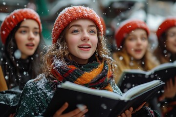 Young girls in winter hats reading books.