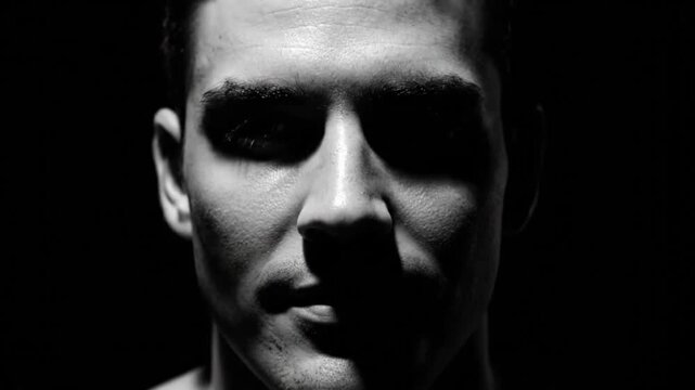 Cinematic Black and White Close-Up of a Man's Face as His Expression Shifts from a Smile to Intense Focus Under Dramatic Light.