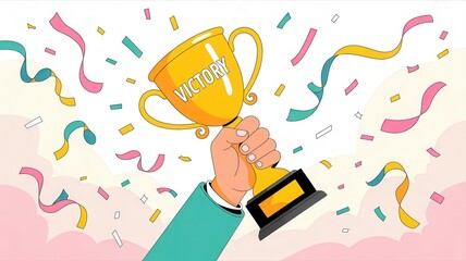 Celebrating triumphant success with a golden trophy and vibrant confetti, symbolizing achievement and winning moments.