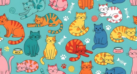  Colorful Cartoon Cats Seamless Pattern with Playful Poses.