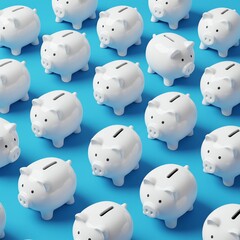White pig piggy banks on blue background