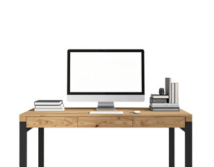  Minimalist Wooden Desk with Tech and Books PNG
