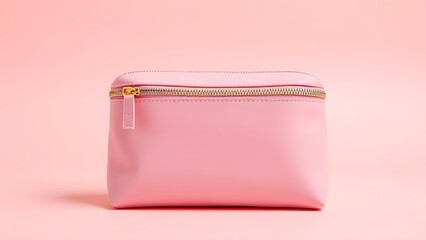 A pink cosmetic pouch with a gold zipper on a clean pastel background.