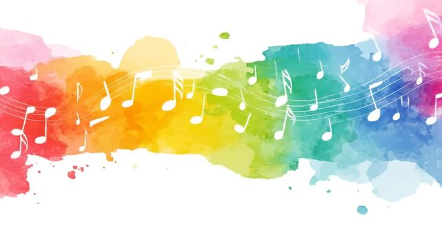 Colorful music notes flowing across a vibrant watercolor background