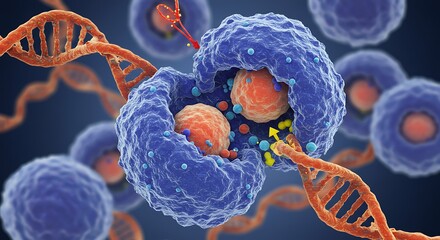 Complex biological cell structure illustration with dna strands and protein interactions