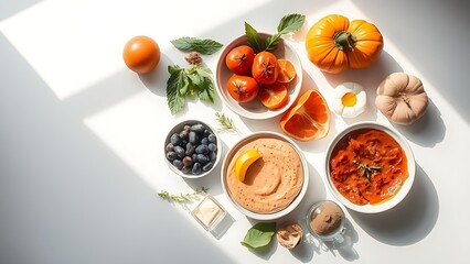 A thoughtful arrangement of nourishing fresh foods, presented in a minimalist overhead composition.