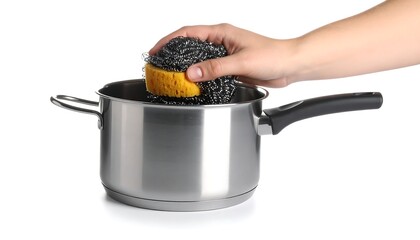 Hand holding scouring pad over pot