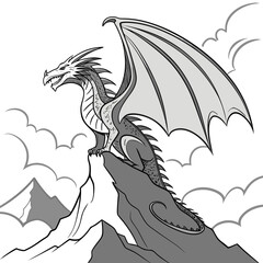 Majestic dragon perched on a rocky mountain peak surrounded by clouds and snow capped mountains