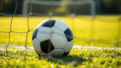 Soccer ball nestled in the net against a lush green field, capturing a moment of victory.
