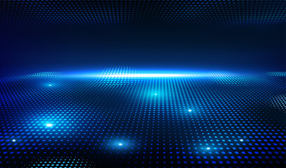 Abstract digital technology background. Banner with blue cyber light dots. Big Data, Cyberspace, Metaverse, and Artificial Intelligence. Neon vector illustration