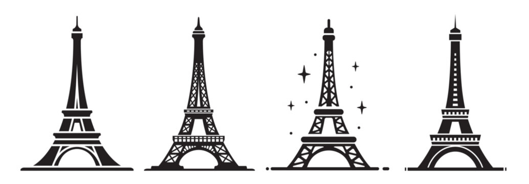 Eiffel Tower silhouettes. Black and white icons of famous architectural landmarks in Paris, France. Cultural monument. Flat vector illustration collection
