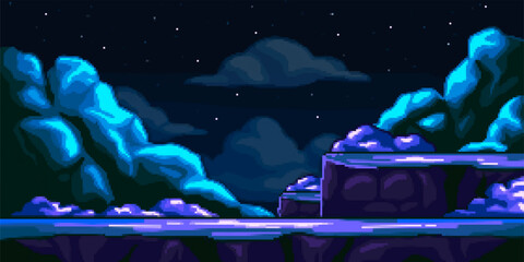 Pixel art space background. Space landscape of planet or moon surface with craters, mountains, and starry night sky. Retro arcade game level. 8 bit vector illustration