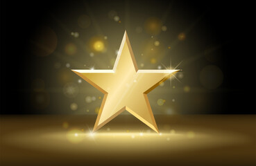 Shining Golden Star. Dark banner with glowing particles and luxury star surface. Award, prize, and achievement. Premium design element. Realistic 3D vector illustration