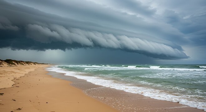 Dramatic storm clouds roll over ocean beach scene with sandy shore