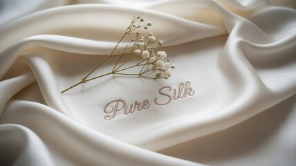 Elegant pure silk fabric draped softly with delicate baby's breath, evoking luxury and serene beauty in a gentle, light-filled scene.