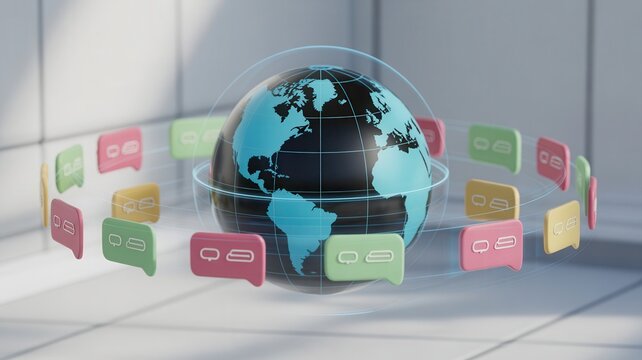 Global communication network connecting diverse cultures with vibrant digital chat bubbles swirling around Earth