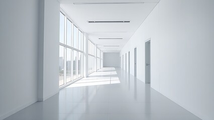 Modern white office corridor with large windows and clean lines.