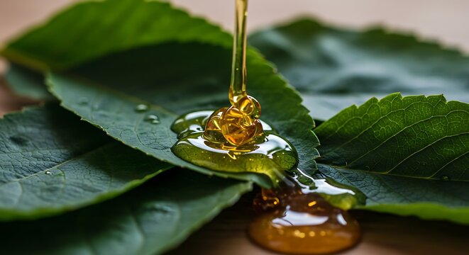 Golden liquid pouring over fresh green leaves in close up shot