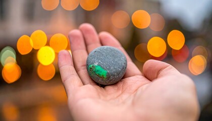 Hand holding a small round object with a green spot.