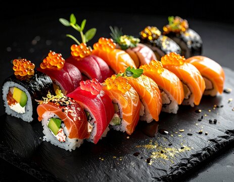 "Premium assorted sushi with caviar and gold leaf garnish, elegant black background, dramatic lighting, fine dining food photography, luxurious and appetizing presentation." - Powered by Adobe