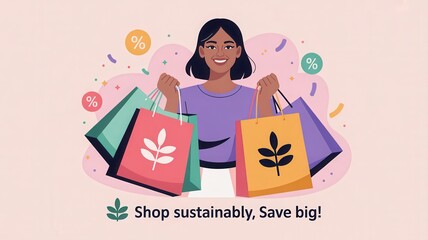 Joyful shopper embraces sustainable savings with vibrant shopping bags and discount symbols