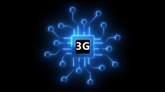 Animated circuit board, Chip 3G concept with hi-tech digital data connection system. 3g networking chip icon futuristic neon circuit board.