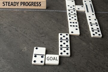 Domino tiles arranged in a strategic chain towards a goal