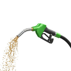 Gas nozzle spewing fuel against a stark non-reflective setting with transparent presentation for