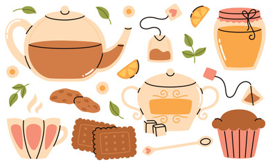 Cozy tea time set with teapot, cookies and honey jar.