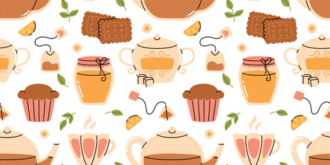Seamless pattern with teapot, cookies and tea cups.