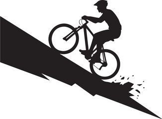 Dynamic silhouette mountain biker descending a steep textured slope isolated on white background