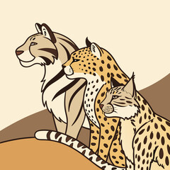 Three stylized big cats cheetah serval and tiger cub together in a minimalist illustration
