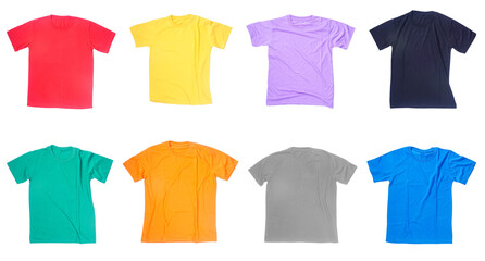Set collection or collage of short sleeve basic tshirt template in various color isolated on transparent background