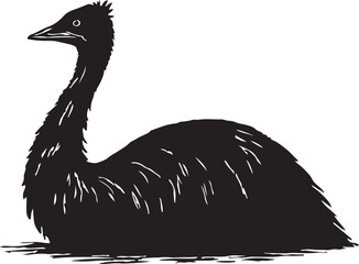 Stylized black ink illustration of a large flightless bird with a long neck sitting down on a white background © toomotion