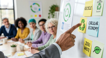 Businessman presenting on circular economy and zero waste to a diverse team, pointing at sticky note with the recycling symbol on a whiteboard. Hand-drawn leaf and trash can on the board