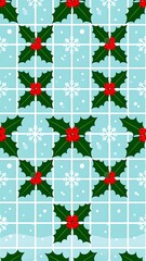 Christmas holly pattern on a light blue tiled background