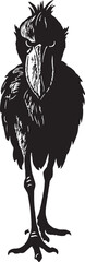 Whimsical black silhouette of a fluffy cartoon owl with large eyes standing on thin legs