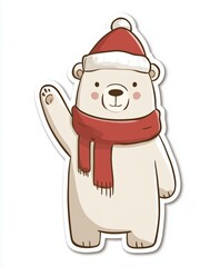 Cute beige bear sticker vector illustration wearing Christmas hat and scarf waving in full body front view on white background
