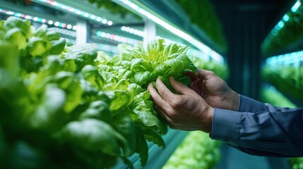Hands inspecting lettuce in vertical hydroponic farm