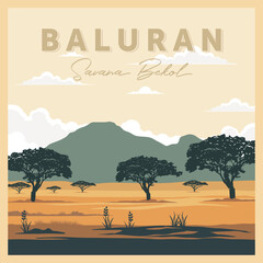 Baluran National Park Indonesia Travel Poster Vector Illustration.