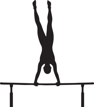 Gymnast performing a handstand on parallel bars in a dynamic silhouette isolated on white background