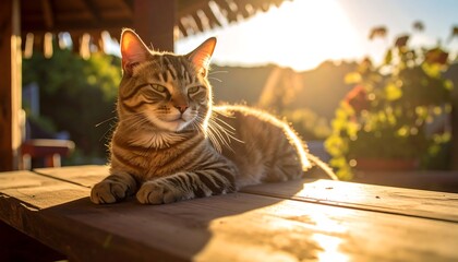 Tabby cat lounging on wooden table in golden sunset light