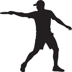 Man wearing a cap and shorts in a dynamic pose throwing a frisbee silhouette isolated on white background