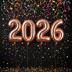 2026 Happy New Year text made from glossy rose gold and silver foil letter balloons